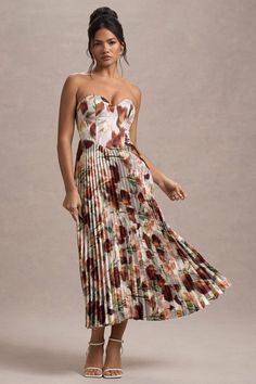 Bordeaux | Cream Floral Print Satin Corset Style Midi Dress Theatrical Romantic Style, Floral Satin Dress, Structured Corset, Style Midi Dress, Waist Corset, Sleek Bun, Black Dress Prom, Black Tie Gala, Court Heels