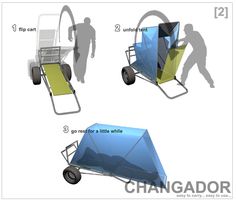 three different views of a cart with wheels and an umbrella on the side, one is blue