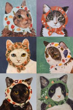 three pictures of cats wearing hats and scarves on their heads, one in the shape of a cat