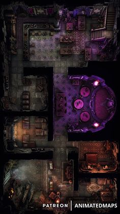 an aerial view of the floor plan for patpon and animated maps, with purple lighting