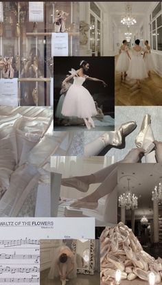 a collage of photos with ballet shoes and sheet music