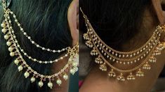 Earring Chain, Temple Jewellery Earrings, Indian Wedding Jewelry Sets, Gold Temple Jewellery, Diamond Bracelet Design, Gold Jewellry, Ear Chain, Dress Neck