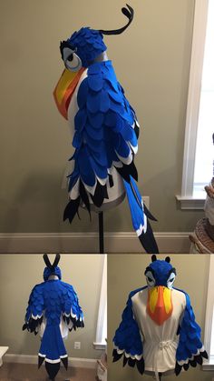 four different views of a bird made out of paper