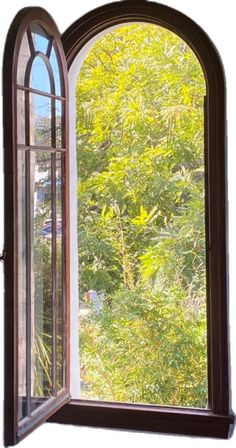 an open window with the view of trees outside