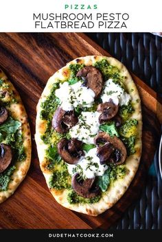 two pizzas with mushrooms, cheese and broccoli on a wooden cutting board