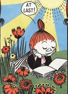 an illustration of a girl reading a book in the grass with flowers and sunbursts