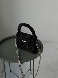 Black Handheld Box Bag, Black Clutch Box Bag As Fashion Accessory, Luxury Black Beaded Evening Bag, Elegant Black Beaded Bags, Black Square Box Bag For Gifts, Black Beaded Rectangular Clutch, Elegant Handmade Black Bag, Black Beaded Pouch Clutch, Black Top Handle Bag With Pearl Handle