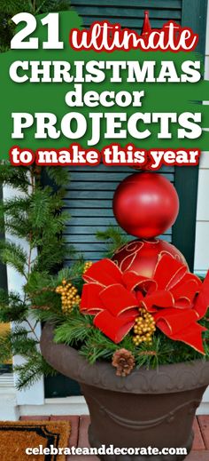 a large potted plant with poinsettis and pine cones in it on the front porch