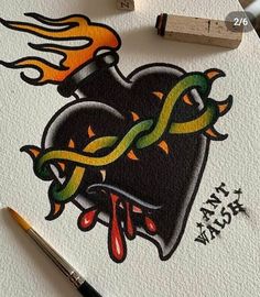 a drawing of a heart with flames on it