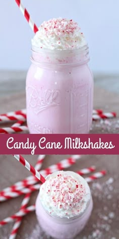 two mason jars filled with candy cane milkshakes