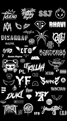 a bunch of different types of graffiti on a black background with white lettering and numbers