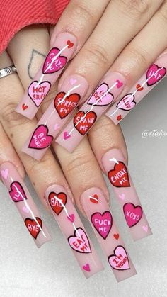 Valentines Day Long Acrylic Nails, Valentines Day Nail Inspiration, Long Nail Designs Valentines Day, Valentines Day Long Nails, Valentines Nails Y2k, Boujee Valentines Nails, Valentines Nails Long Acrylic, Valentine Nail Ideas Acrylic Art Designs, Long Valentines Day Nails Acrylic