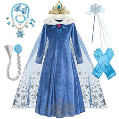 the frozen princess costume is shown with accessories