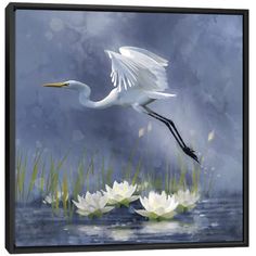 a painting of a white bird flying over water with lily pads in the foreground