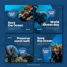 four banners for the world oceans day with corals and sea creatures on them, in blue