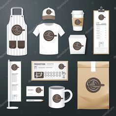 the coffee shop logo and branding design for its products, including t - shirts, aprons