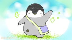 a cartoon penguin with a sling around its neck, sitting on the ground and smiling