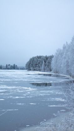 a frozen lake with trees in the background