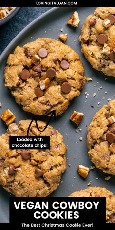 vegan cowboy cookies on a plate with chocolate chips