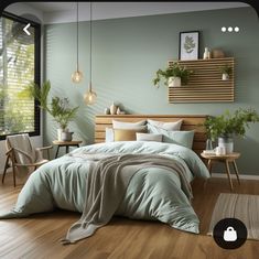 a bed room with a neatly made bed and some plants on the nightstands next to it