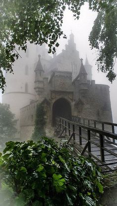 an old castle in the fog with stairs leading up to it