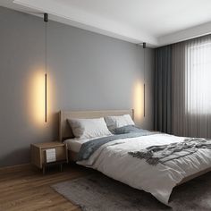 a large bed sitting next to two lamps on either side of a window in a bedroom