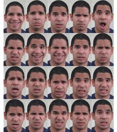 multiple images of different facial expressions in the same man's face, including an open mouth