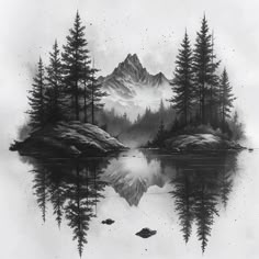 a black and white drawing of mountains, trees, and water