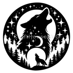 the silhouette of a wolf in front of a full moon with stars and trees around it