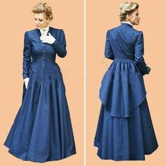 1860s London Fashion, Blue Victorian Dress With Historical Design, Blue Regency Style Victorian Dress, Fitted Blue Victorian Vintage Dress, Victorian Blue Dresses With Historical Design, Blue Regency Style Victorian Costume Dress, Historical Victorian Dress With Buttons, Blue Victorian Dress For Costume Events, Historical Blue Victorian Dress Costume