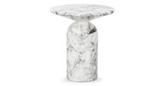 a white marble side table with a round top and base on an isolated white background