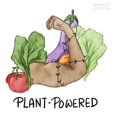 a drawing of a woman laying on her back with vegetables around her and the words plant powered written below