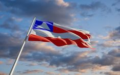 a flag flying in the wind on a cloudy day with blue sky and clouds behind it