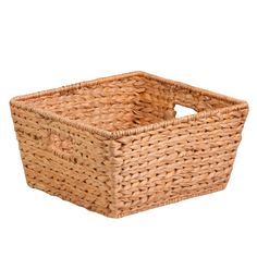 an empty wicker basket is shown on a white background for use as a storage container