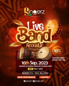 an event poster for the live band acoustic festival, with music instruments and drums on it