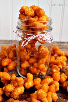 homemade cheesy caramel puff corn in a glass jar