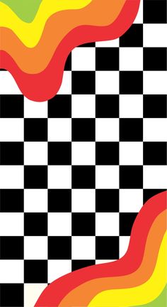 a checkerboard pattern with red, yellow and green waves in the center on a black and white background