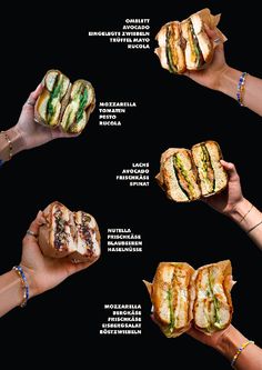 hands holding sandwiches with different toppings in each hand and on the other, there is an article about how to make sandwiches