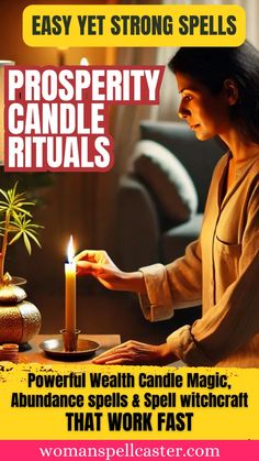 a woman lighting a candle with the words prosperity rituals in front of her and an advertisement