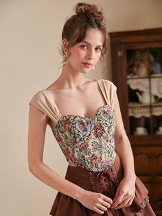 Multicolorido Boho Collar Sem Mangas Tecido Floral  Embellished Não elástico  Tops, blusas & camisetas para Mulheres Blouse And Corset Outfit, Corsette Tops, Modern Victorian Style, Victorian Corset, Floral Print Crop Top, Cottagecore Outfits, Outfit Challenge, Modern Victorian