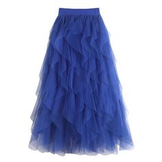 Fluffy Mesh Long Layered Tulle Skirt - SHExFAB Blue Tulle Bottoms For Spring, Spring Blue Tulle Bottoms, Blue Tulle Party Bottoms, Spring Party Tulle Skirt Fabric, Blue Tulle Skirt For Summer, Blue Long Tulle Skirt, Blue Tulle Maxi Skirt For Party, Blue Tulle Party Maxi Skirt, Spring Party Full Tulle Skirt