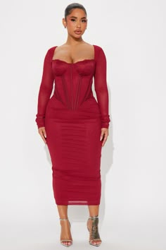 Dream Girl Mesh Midi Dress - Burgundy | Fashion Nova, Dresses | Fashion Nova Wire Corset, Sweetheart Neckline Long Sleeve, Simple Elegant Dresses, Glam Closet, Modest Winter Outfits, Cute Formal Dresses, Colorful Clothes, Burgundy Midi Dress, Dress Sweetheart Neckline