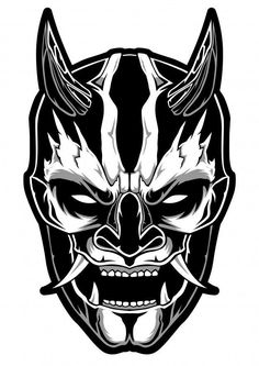 a black and white image of a demon mask