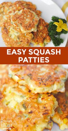 some food is on a white plate and has the words easy squash patties above it