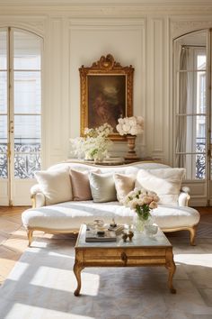 a living room filled with furniture and flowers on top of a table in front of a painting