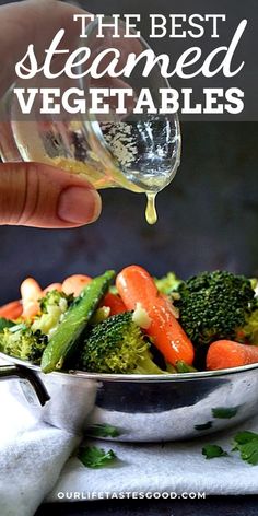 the best steamed vegetables in a bowl being drizzled with dressing and broccoli