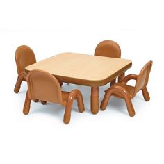 a wooden table and chairs set up against a white background with no one around it