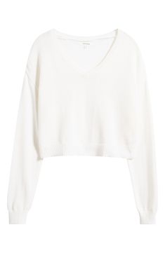 Give your off-duty fits a cozy boost in this cropped, boxy sweater made with a touch of wool for enhanced warmth. 19" length (size Medium) V-neck Long sleeves Dropped shoulders Ribbed cuffs and hem 50% nylon, 25% polyester, 15% acrylic, 10% wool Machine wash, dry flat Imported White Sweater V Neck, Cute Preppy Clothes, Chunky White Sweater, Sweaters Crochet, Clothing Preppy, Fancy Sweater, 2024 Wishlist, Xmas 2024, Winter Inspo