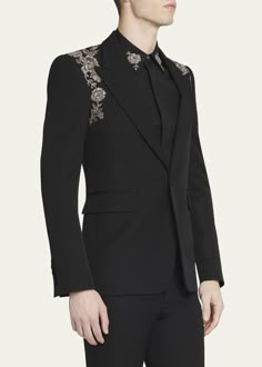 Find ALEXANDER MCQUEEN Embroidered Harness Tuxedo Jacket on Editorialist. Alexander McQueen tuxedo jacket with floral embroidered harness Peak lapels Single-button closure Hip flap pockets Four-button cuffs Center back vent Wool Dry clean Made in Italy Met Gala Tuxedo, Men Suit Jewelry, Alexander Mcqueen Suits Men, Suit Alternative Men, Men’s Haute Couture, Men’s Tuxedo Style, Men’s Tuxedo, Men Reception Outfit, Embroidered Suit Men