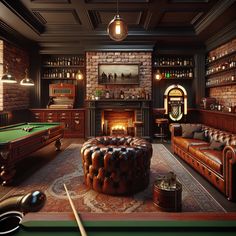 Step into a luxurious man cave with exposed brick walls, mahogany wood, and a vintage fireplace. Enjoy a game of pool, sip fine spirits at the bar, or relax on a plush, leather chesterfield sofa. With the soft light from antique lamps and classic tunes from a jukebox, this room exudes comfort and masculinity. 

#ManCave #HomeDecor #InteriorDesign #LuxuryHomes #VintageStyle #MasculineDecor. Gentlemen Man Cave, Victorian Man Cave, Bar Games Room, Victorian Game Room, Speakeasy Man Cave, Vintage Game Room Ideas, At Home Speakeasy, Garage Speakeasy, Luxury Mancave